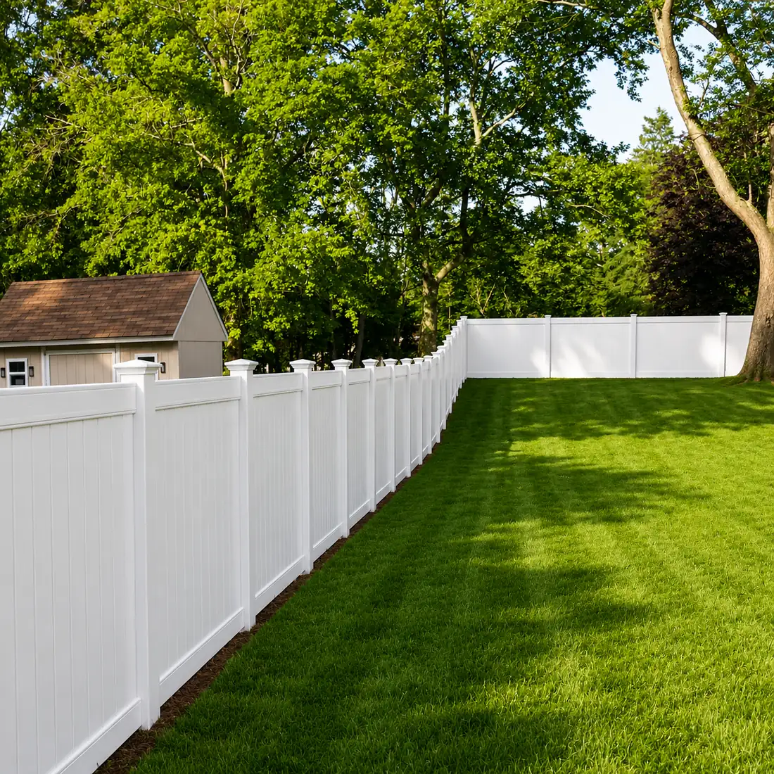 White vinyl privacy fence installed in a New Jersey backyard by Fred's Fence